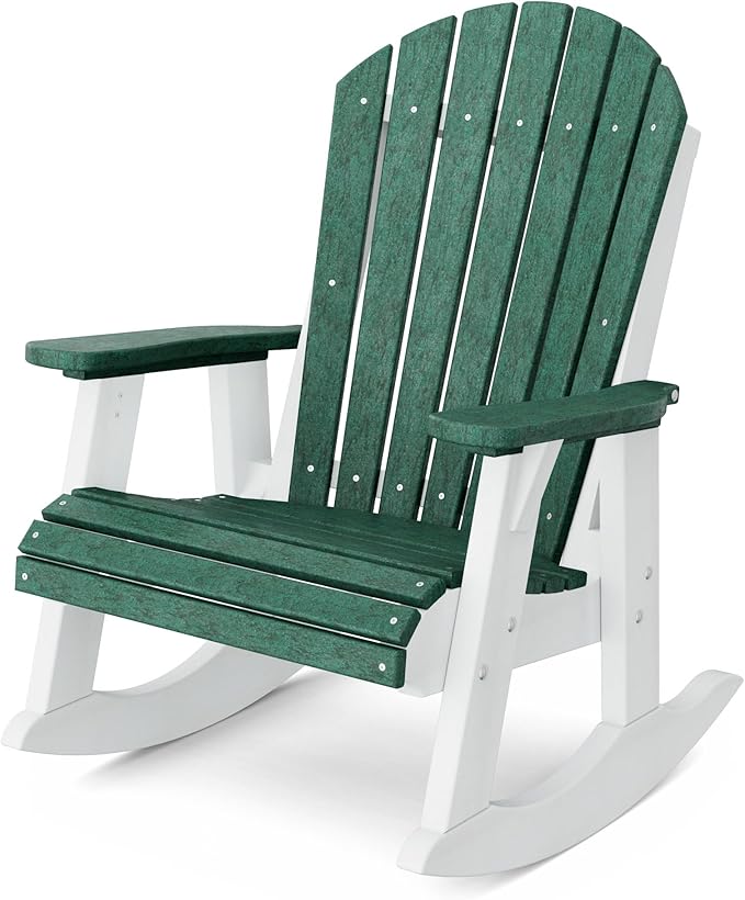 Wildridge Heritage Adirondack Rocking Chair, Turf Green and White - Outdoor Weather Resistant HDPE Rocking Chair for Patio, Deck, Fire Pit
