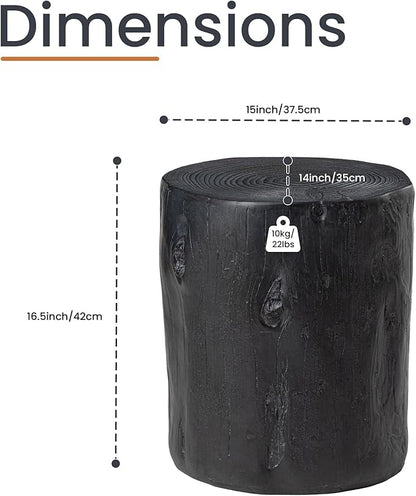 HOMPUS Concrete Outdoor Side Table, Tree Stump Modern Round Accent Table, Planter Stand Faux Wood End Garden Stool for Patio, Home Decor, Living Room, Black