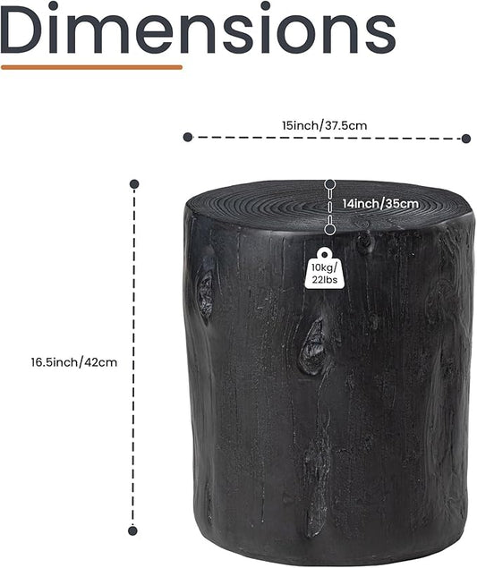 HOMPUS Concrete Outdoor Side Table, Tree Stump Modern Round Accent Table, Planter Stand Faux Wood End Garden Stool for Patio, Home Decor, Living Room, Black