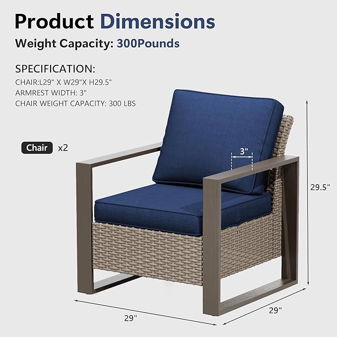 Patio Chairs Set of 2, Outdoor Wicker Chair Metal Patio Furniture with Deep Seating, Thicken Cushions for Deck, Porch, Yard Use (Blue, 2 PCS/Chairs)