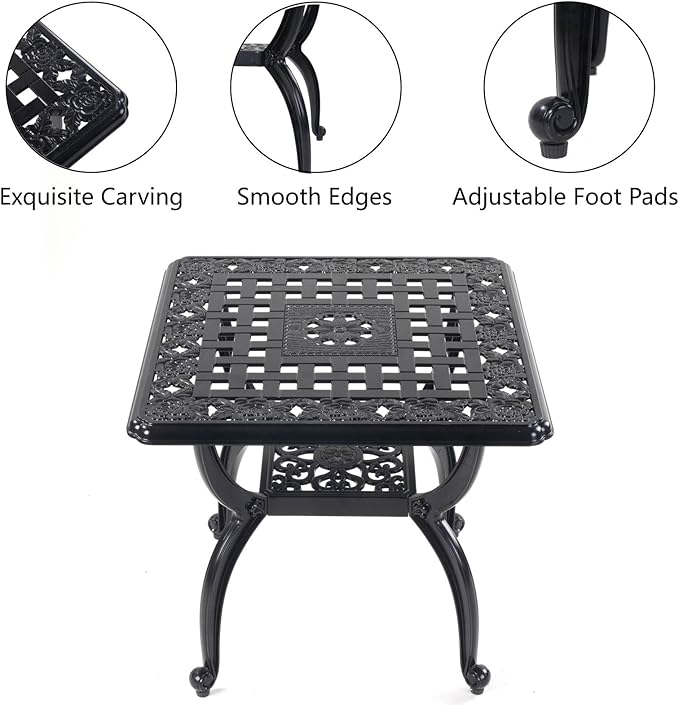 Mandolin Outdoor Patio,Rust -Resistant Cast Aluminum Side Table,Weather Resistant End Table，Coffee Table， Perfect for Patio, Backyard Or Garden. W 20.8" X H18.5(Aluminum Square, Black)