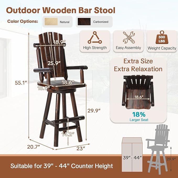HOMEDIARY Outdoor Solid Wood Swivel Bar Stool, Oversized Rustic Patio Log Bar Height Chair with High Back and Footrest, 29.9" Adirondack Bar Chair for Deck Pub Garden, 500 LBS Capacity, Carbonized