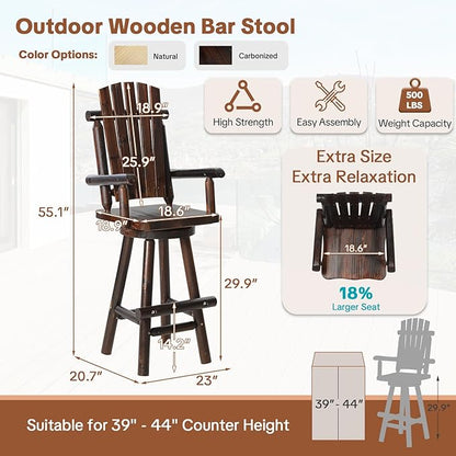 HOMEDIARY Outdoor Solid Wood Swivel Bar Stool, Oversized Rustic Patio Log Bar Height Chair with High Back and Footrest, 29.9" Adirondack Bar Chair for Deck Pub Garden, 500 LBS Capacity, Carbonized
