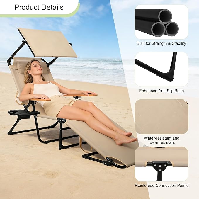 Folding Lounge Chairs for Outside, Beach Patio Lounge Chair with Canopy, Sunbathing/Tanning Chair with 4 Adjustable Backrest & Cup & Pillow,Holds 330 Lb, Outdoor Garden Pool