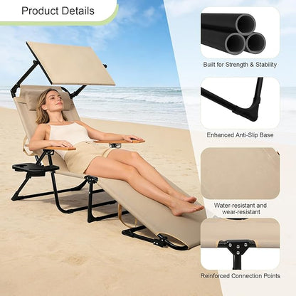 Folding Lounge Chairs for Outside, Beach Patio Lounge Chair with Canopy, Sunbathing/Tanning Chair with 4 Adjustable Backrest & Cup & Pillow,Holds 330 Lb, Outdoor Garden Pool