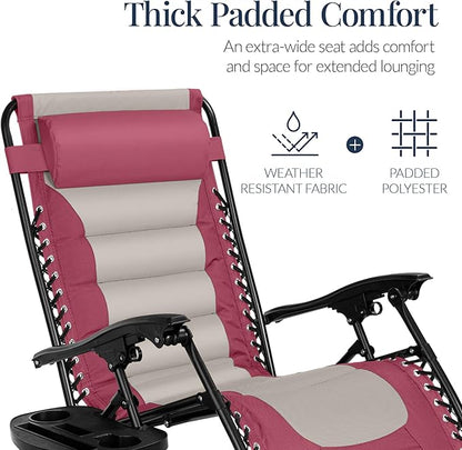 Best Choice Products Oversized Padded Zero Gravity Chair, Folding Outdoor Patio Recliner, XL Anti Gravity Lounger for Backyard w/Headrest, Cup Holder, Side Tray, Polyester Mesh - Pink/Taupe