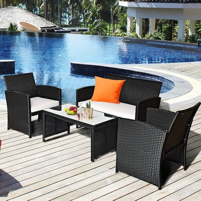 4PCS Patio Rattan Furniture Conversation Set Cushioned Sofa Table Garden Single Sofa