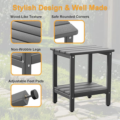 Outdoor Side Table, 17.7-Inch Small Patio End Table with Adjustable Feet, All-Weather HDPE Accent Adirondack Table for Porch Deck Balcony Poolside, Easy Maintenance, Grey