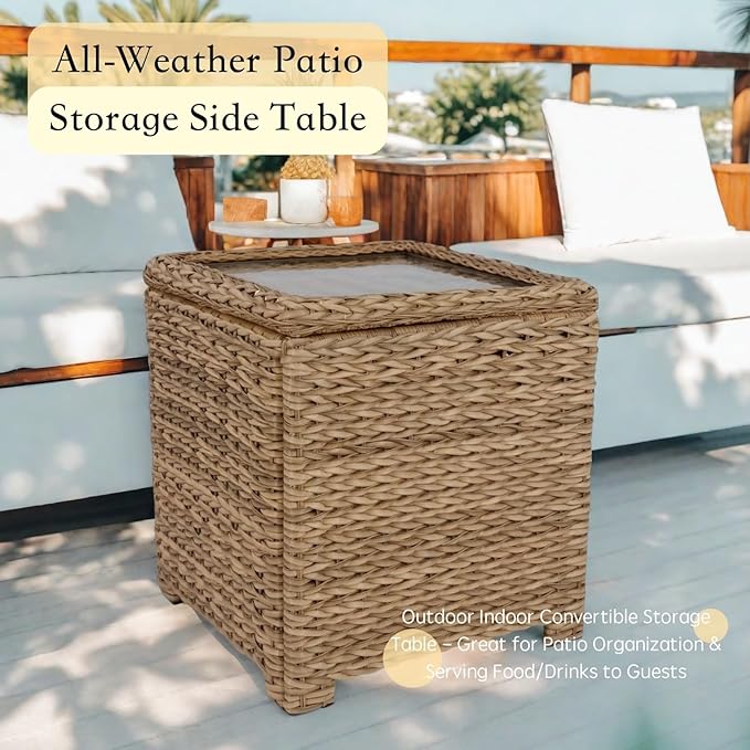 Laguna Point Outdoor Wicker Side Table, All-Weather HDPE Rattan Flip Top Storage Table with Tempered Glass, Patio Center Table for Pool Balcony, Tan