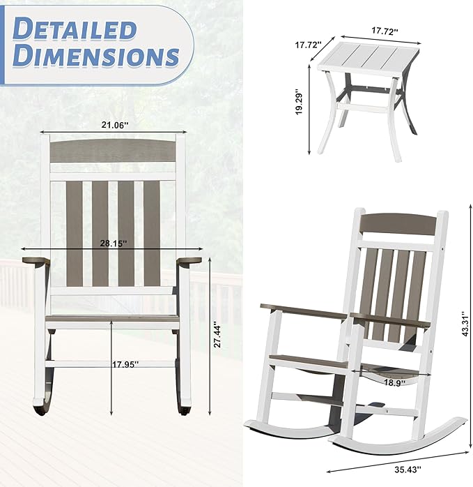 Outdoor Patio Rocking Chairs Set of 3, 2 Chairs Made of Metal & WPC + 1 All Metal Table - Photo 2