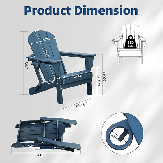 Domi Folding Adirondack Chairs Set of 4, HDPE All-Weather Outdoor Chairs with Cup Holder, Wooden Textured Fire Pit Chairs for Backyard, Patio, Poolside & Deck, Navy Blue