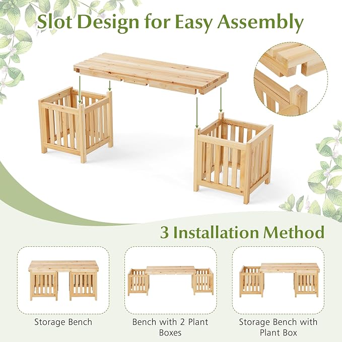 HAPPYGRILL Patio Wooden Bench with Planter, 2 Person Patio Bench with/ 2 Side Flower Box, Slot Design for Easy Assembly, Natural Fir Wood Frame, Outdoor Garden Bench Seat for Patio, Garden, Backyard