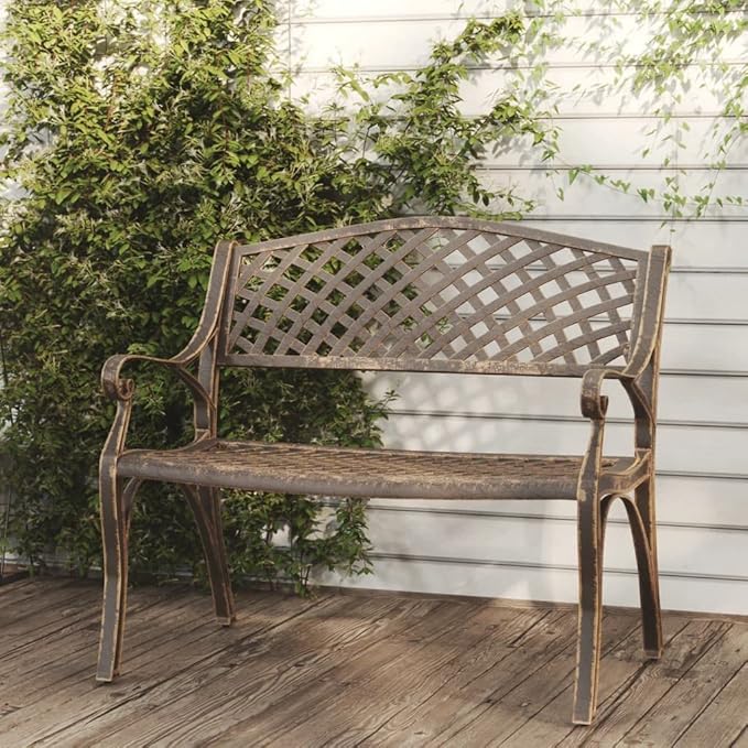 Traditional Bronze Garden Bench, Cast Iron Outdoor Seating with Floral Design, 40.2 Inch Length for Two Adults, Durable Weather-Resistant Patio Furniture, Heavy-Duty