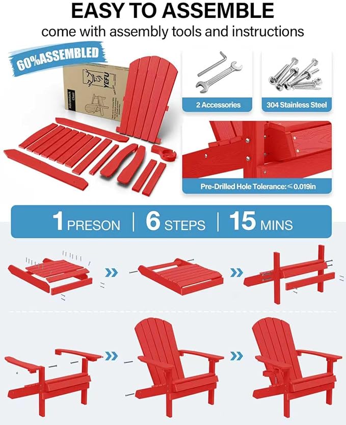YEFU Adirondack Chairs Set of 8: Plastic Adirondack Chairs - Patio Chairs with Wood Texture - Outdoor Chair HIPS - Lawn Fire Pit Deck Porch Garden Chairs for Adults (Red)