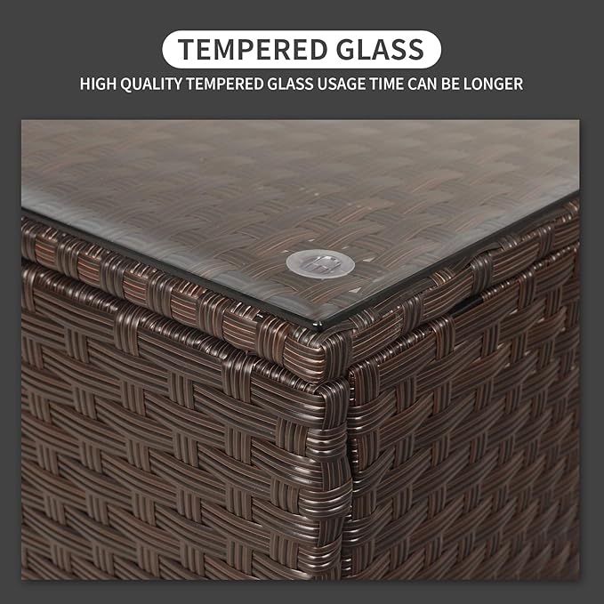 Rattaner Patio Furniture Wicker Coffee Table Outdoor Garden Square Side Table with Tempered Glass Top Brown - Photo 4