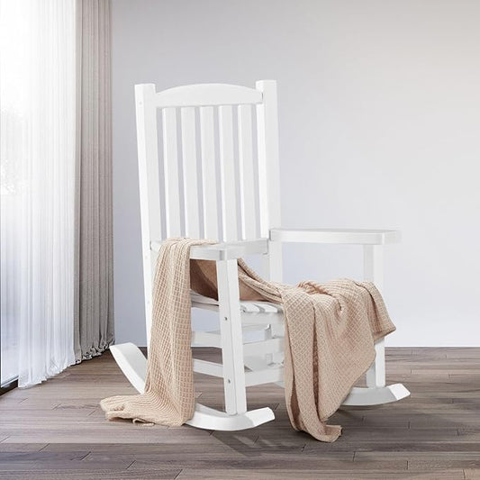 Wooden Rocking Chair Outdoor Oversized Porch Rocker Chair,Patio Wooden Rocker with High Back and Armrest,All Weather Rocker Slatted for Backyard,Garden,400 lbs Support,White