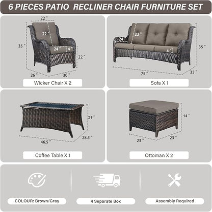 Belord Patio Wicker Sofa Set 6 Pieces Patio Furniture Set Outdoor Couch, 2 Patio Wicker Chairs with 1 Sofa, Coffee Table and Ottomans, Patio Conversation Set for Porch Garden Deck Balcony Poolside