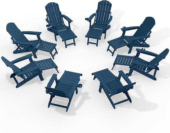 YEFU Adjustable Adirondack Chair with Retractable Ottoman Set of 8,Folding Adirondack Chair with Cup-Holder, Outdoor Chairs with Footrest,Weather Resistant Fire Pit Chairs,for Patio Lawn