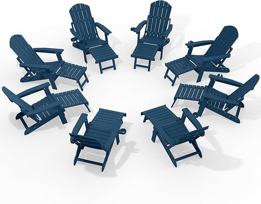 YEFU Adjustable Adirondack Chair with Retractable Ottoman Set of 8,Folding Adirondack Chair with Cup-Holder, Outdoor Chairs with Footrest,Weather Resistant Fire Pit Chairs,for Patio Lawn