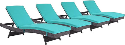 Modway Convene Wicker Rattan Outdoor Patio Chaise Lounge Chairs in Espresso Turquoise - Set of 4