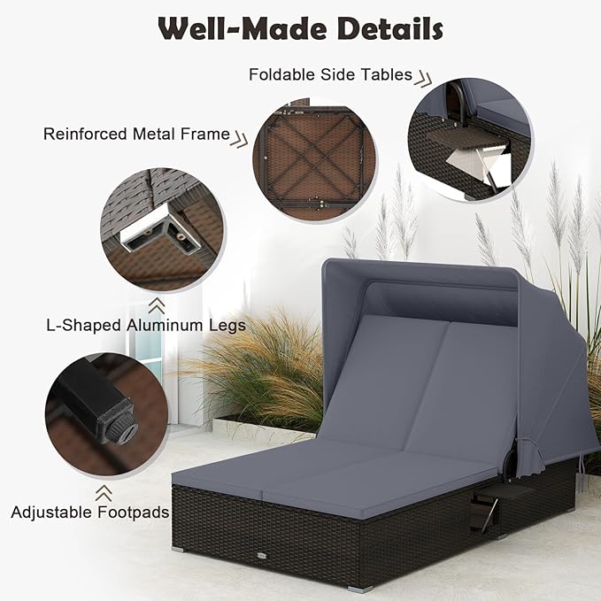 Tangkula Outdoor Rattan Daybed with Canopy & 6-Level Adjustable Backrests - Photo 8