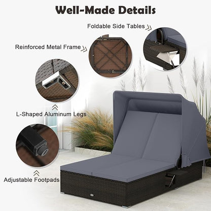 Tangkula Outdoor Rattan Daybed with Canopy & 6-Level Adjustable Backrests, 2-Person Wicker Recliner Bed with Cushions & Folding Side Trays, Double Sunbed Lounger for Balcony, Backyard & Poolside