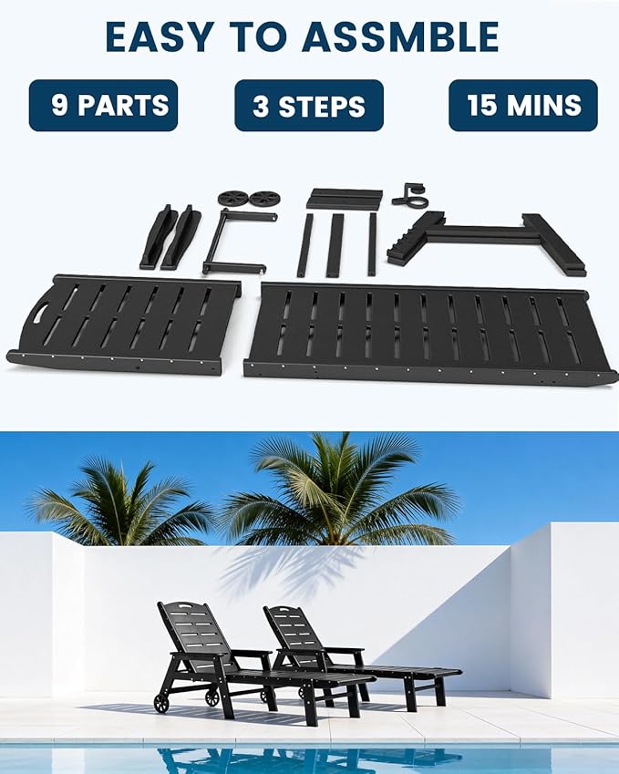 FOOWIN Chaise Lounge Chair Set of 2，HDPE Lounge Chair Outdoor with 5 Positions,Oversized Pool Lounge Chairs with Rolling Wheels & Cup Holder for Poolside Deck Backyard,Black