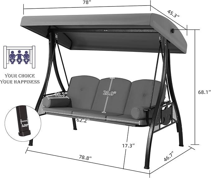 HOMREST 3 Seat Outdoor Porch Swing with 1.5" Deepened Cup Holder, Adjustable Canopy, Patio Swing Bed with Stand - Photo 7