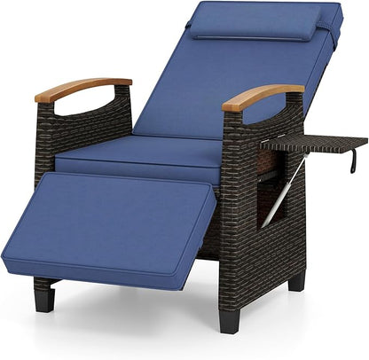 HAPPYGRILL Outdoor Rattan Wicker Chaise Lounge Recliner Chair with Adjustable Backrest & Footrest, Push Back Outside Seat w/Cushion & Flip Table for Backyard, Porch, Balcony (Navy,1)