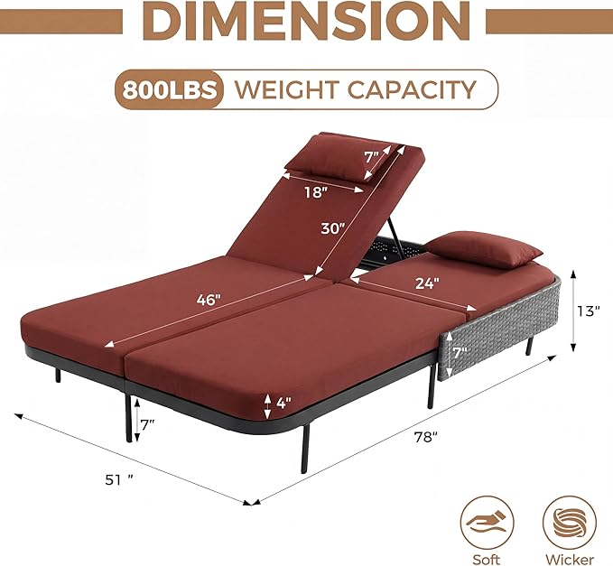BULEXYARD 51.2" Double Chaise Lounge Outdoor, 2-Person PE Wicker Patio Daybed with Dual 5-Position Adjustable Backrest - Photo 2