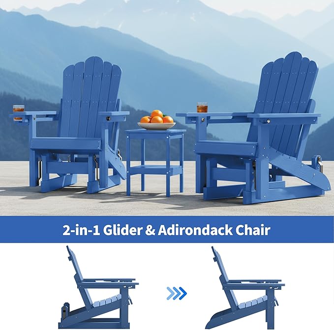 HDPE Outdoor Glider Chair Set of 2,3-Position Adjustable Backrest Patio Glider, All-Weather Glider Rocker Chair with Cup Holders,Porch Glider for Outside,Deck,Fire Pit, Poolside,400LBS Capacity (Blue)