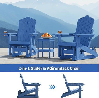 HDPE Outdoor Glider Chair,3-Position Adjustable Backrest Patio Glider, All-Weather Glider Rocker Chair with Cup Holders,Porch Glider for Outside,Deck,Fire Pit, Poolside,400LBS Capacity (Blue)
