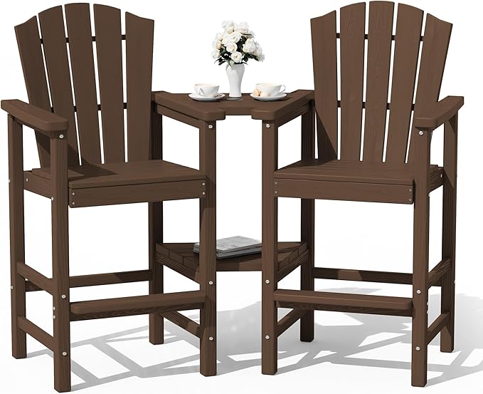 KINGYES Tall Adirondack Chair Set of 2, HDPE Tall Adirondack Barstools with Double Connecting Trays, Embossed Bar Height Adirondack Chair for 2, Weather Resistant Balcony Adirondack Chairs, Coffee