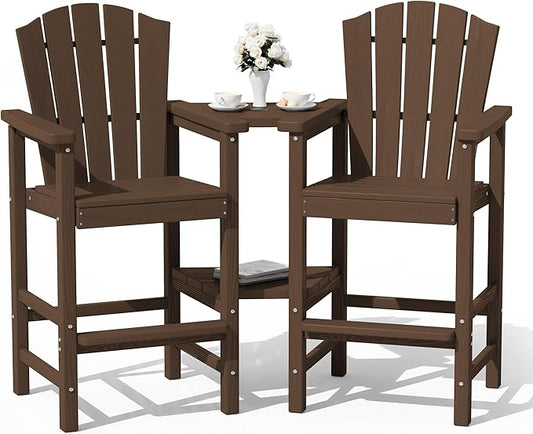 KINGYES Tall Adirondack Chair Set of 2, HDPE Tall Adirondack Barstools with Double Connecting Trays, Embossed Bar Height Adirondack Chair for 2, Weather Resistant Balcony Adirondack Chairs, Coffee
