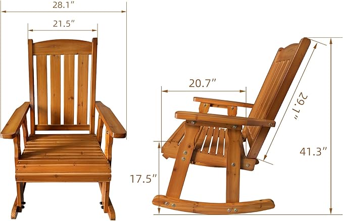 Wooden Patio Rocking Chair with Comfortable Backrest Inclination, High Backrest and Deep Contoured Seat, Solid Fir Wood, Heavy Duty 600 LBS, for Both Outdoor and Indoor (Natural)