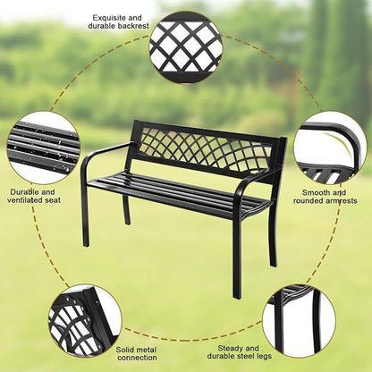 Bench Deck with Steel Frame for Outdoor, Outdoor Bench All Metal Frame Garden Bench for Front Porch, Yard, Lawn, Deck