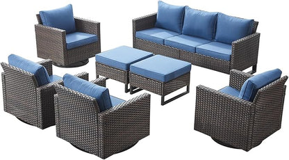 Rilyson Wicker Outdoor Patio Furniture Set - 7 Piece Patio Conversation Set with 4 Swivel Rocker Chairs,2 Rattan Ottoman and 1 Couch for Outside Porch Deck Backyard(Brown/Blue)