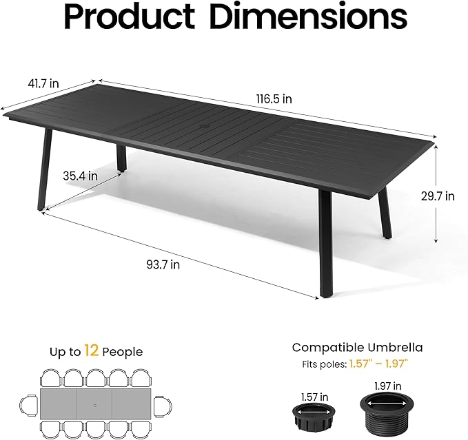 118" Aluminum Patio Dining Table with Umbrella Hole, Rectangle All-Weather Outdoor Table for 10 Slatted Design for Lawn - Photo 2