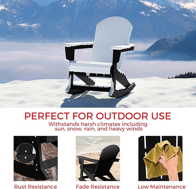 Costaelm Outdoor Adirondack Chair Set of 2, All Weather Resistant Classic Balcony Chair and Fire Pit Chairs, Plastic Outdoor Porch Furniture Rocking Chair High Back HDPE Poly Lumber, Black