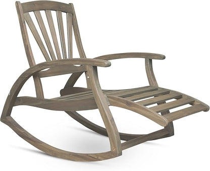 roomfitters Outdoor Wooden Rocking Chair with Slatted Back and Ergonomic Armrests, Classic Curved Base Design, Grey
