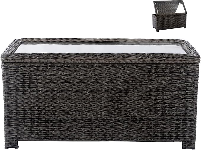 Classic Wicker Patio Coffee Table with Storage, 40'' All-Weather Rattan Outdoor Coffee Tables, Tempered Glass Flip-Top, Waterproof for Porch Backyard, Dark Brown