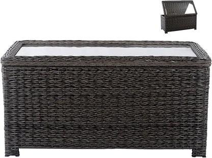 Classic Wicker Patio Coffee Table with Storage, 40'' All-Weather Rattan Outdoor Coffee Tables, Tempered Glass Flip-Top, Waterproof for Porch Backyard, Dark Brown