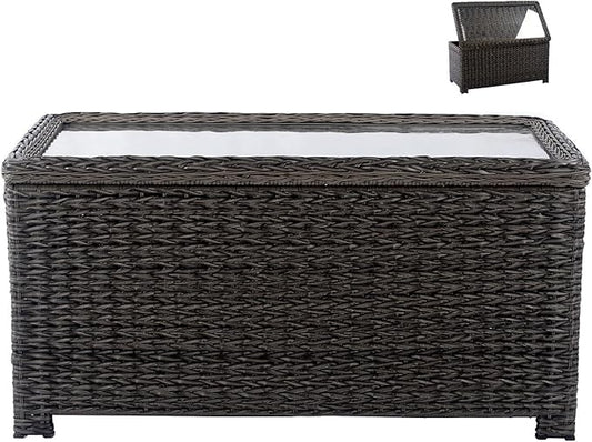 Classic Wicker Patio Coffee Table with Storage, 40'' All-Weather Rattan Outdoor Coffee Tables, Tempered Glass Flip-Top, Waterproof for Porch Backyard, Dark Brown