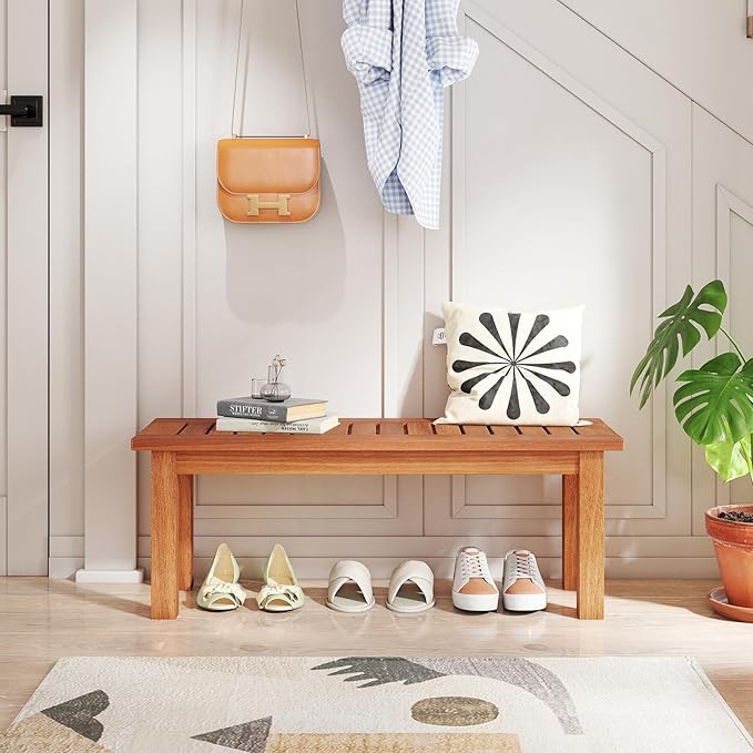 Tangkula Outdoor Backless Bench, Solid Wood Patio Bench w/Slatted Seat, 2-Person Rustic Wooden Entryway Bench for Front Porch Garden Balcony Park Indoor, Weatherproof, 34”, Load up to 330 LBS (2)
