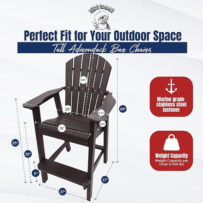 Phat Tommy Tall Adirondack Chair - HDPE Outdoor Furniture - Poly Adirondack Bar Stool - Heavy, Stress Free Furniture for Balcony, Deck, Patio, Front Porch, Brown