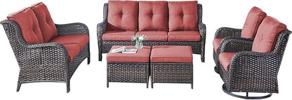 Rilyson Wicker Patio Furniture Set - 6 Piece Rattan Outdoor Sectional Conversation Sets with 2 Rocking Swivel Chairs,2 Ottomans,1 Sofa and 1 Loveseat for Porch Deck Garden(Brown/Red)