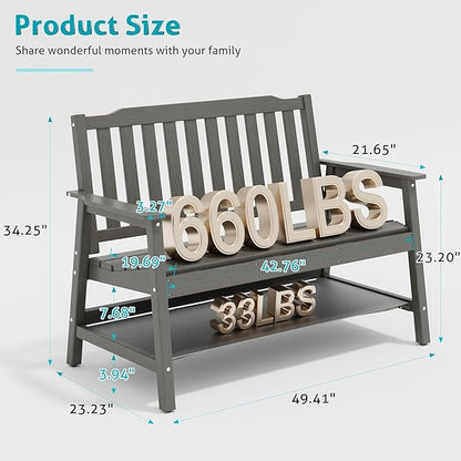UEV Outdoor Bench, 2-Person Garden Bench, All Weather Fade/Rot Resistant Patio Bench with 660lbs Weight Capacity for Outdoors,Porch,Backyard(Grey)
