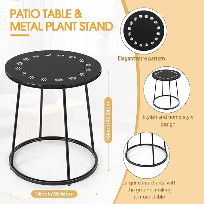 Outdoor Side Table with Flower Cut Outs 14" Weather Resistant Metal Patio Side Tables Small Plant Stand Round Outdoor End Table for Patio Outside Porch Balconies Garden(Black,Daisy)