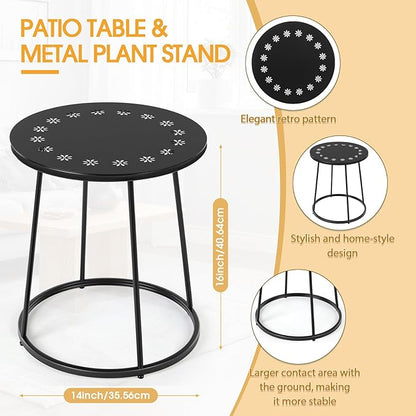Outdoor Side Table with Flower Cut Outs 14" Weather Resistant Metal Patio Side Tables Small Plant Stand Round Outdoor End Table for Patio Outside Porch Balconies Garden(Black,Daisy)