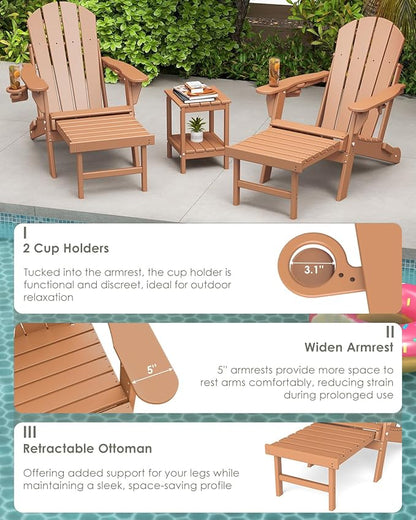 GREENVINES Adjustable Adirondack Chair with Retractable Ottoman | Folding | HDPE Plastic | Fire Pit Chairs w/Foot Rest | 2 Cup Holders | Teak | for Outdoor Patio Poolside Deck